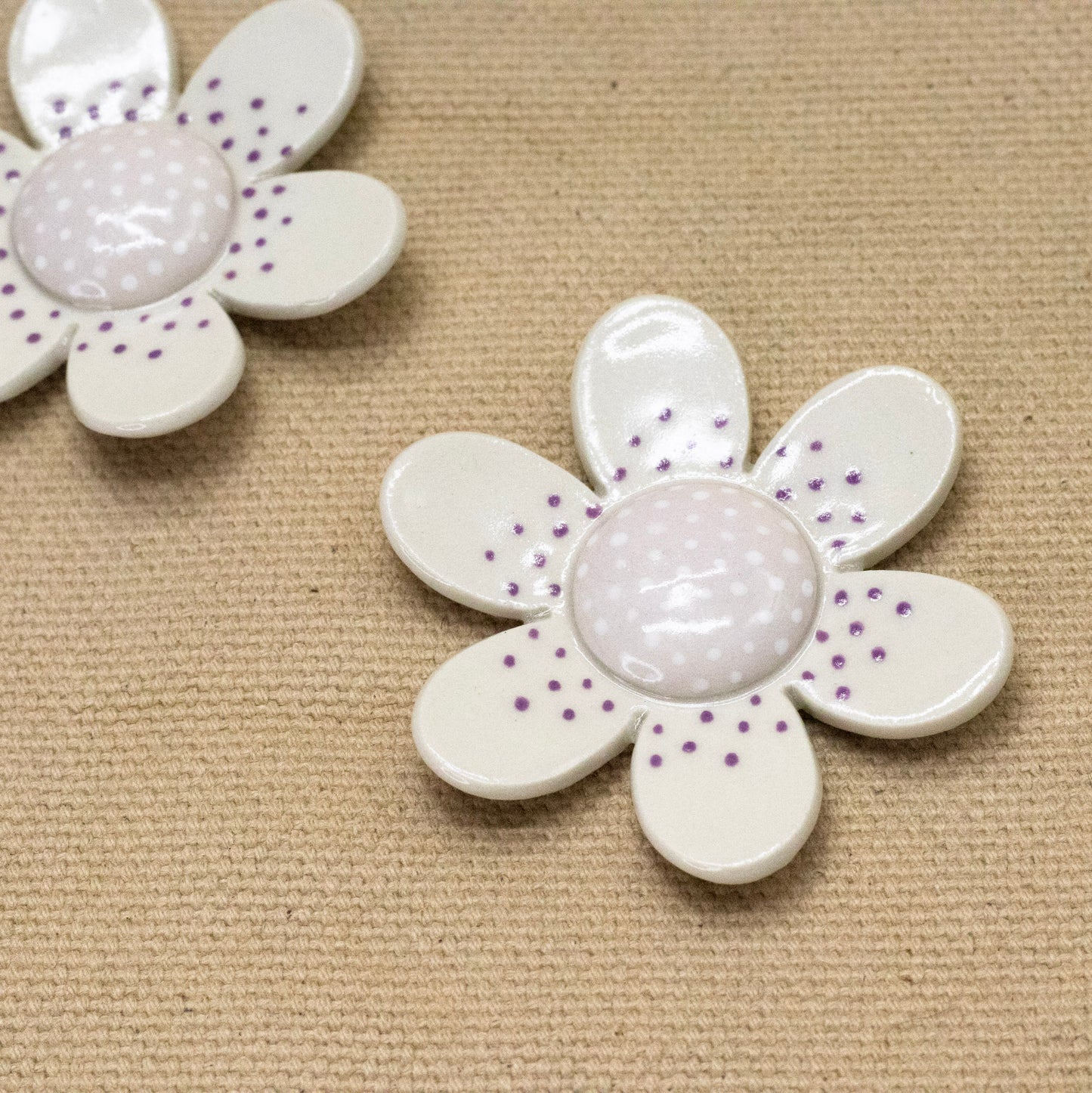 2" Wallflower (6 Petal White & Purple Dots) by Jennifer Fujimoto
