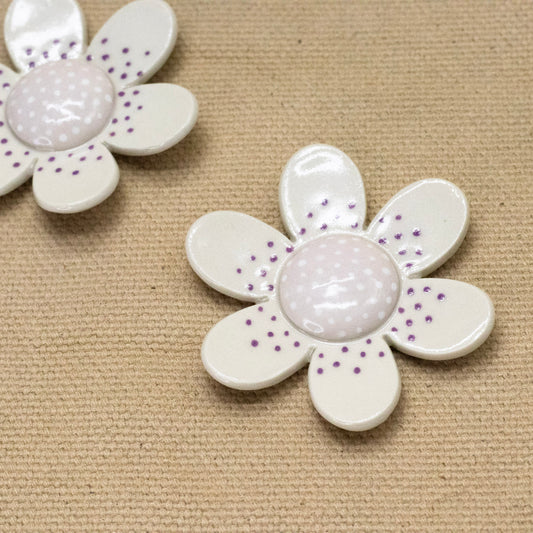 2" Wallflower (6 Petal White & Purple Dots) by Jennifer Fujimoto