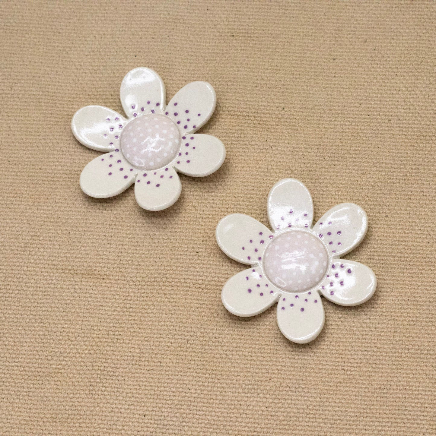 2" Wallflower (6 Petal White & Purple Dots) by Jennifer Fujimoto